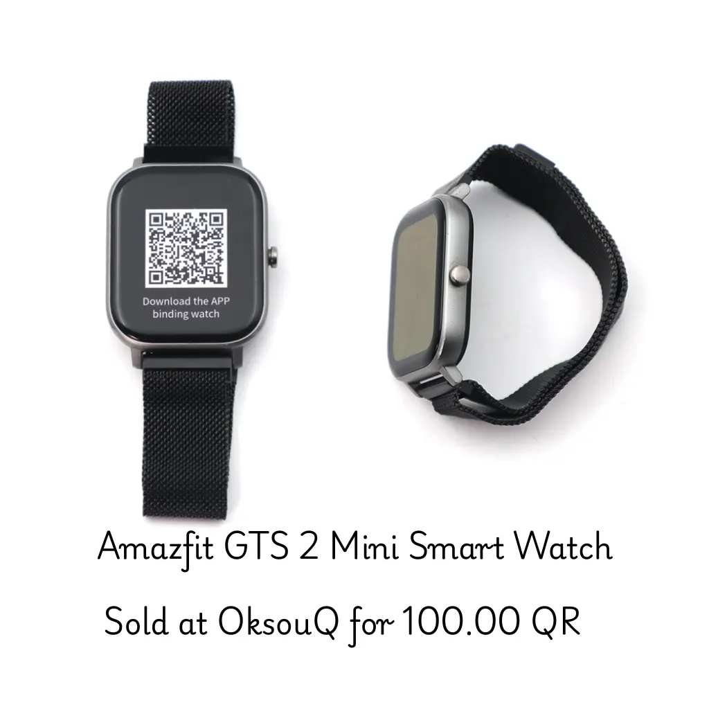 Amfit GTS2 Mini smartwatch shown, emphasizing low price smartwatch options in Qatar