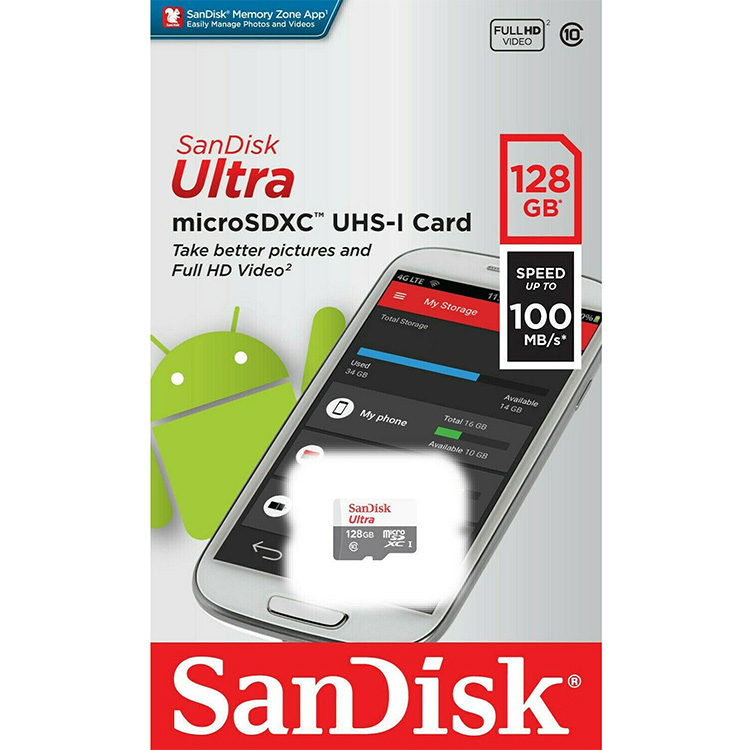 SanDisk Ultra microSDXC بسعة 128 جيجا بايت تصل سرعته إلى 100 ميجابايت / ثانية