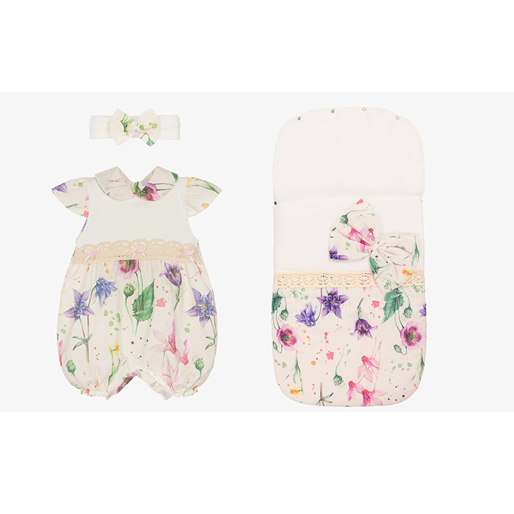 Beau KiD Ivory Floral Baby Nest (72cm) + Beau KiD Girls Ivory Floral Cotton Babysuit Set
