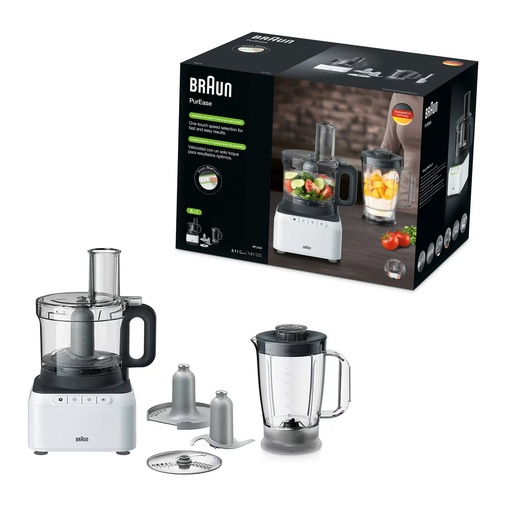 Braun PureEase Food Processor Blender, 800 W, 1.2 L, Simply One Touch, 2 Speeds + Pulse, Easy Click System, 2.1L Bowl Capacity, Compact Design, White | FP 3131 WH