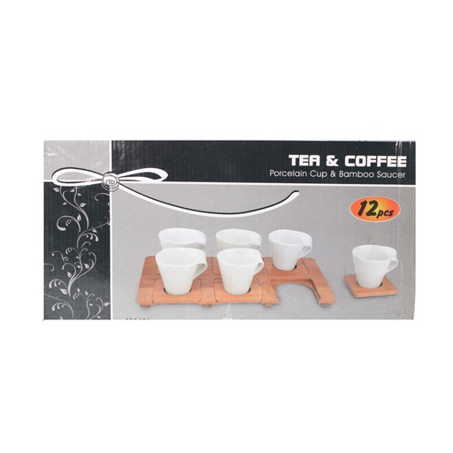 Tea & Coffee Porcelain Cup & Bamboo Saucer 12 Pcs