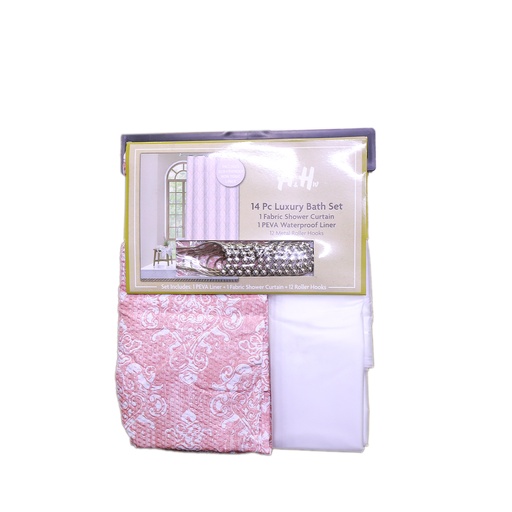 A & H 14 pc Luxury Bath Set 1 Fabric shower Curtain, Peva Waterproof Liner 12 Metal Roller Hooks