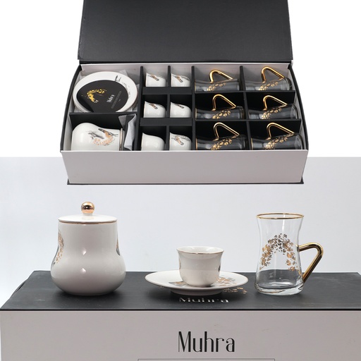 Muhra Tea Set 6 Tea Glass + 6 Coffee Cup 1 Sugar pot 19 Pcs