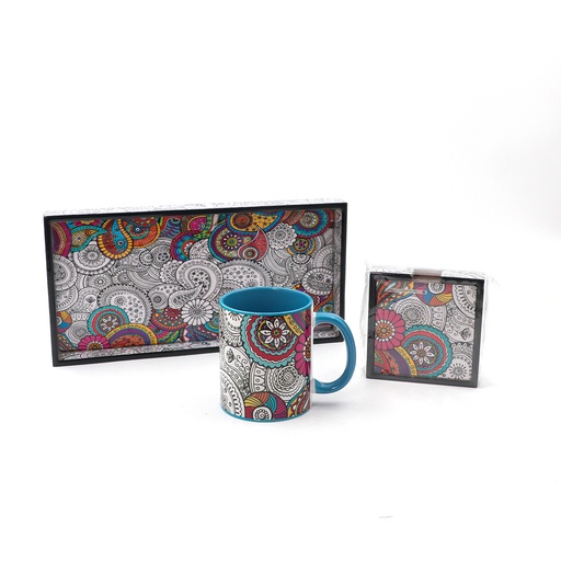 Doodle Mandala Coffee Mug Coasters with Holder 4Pcs  Wooden Serving