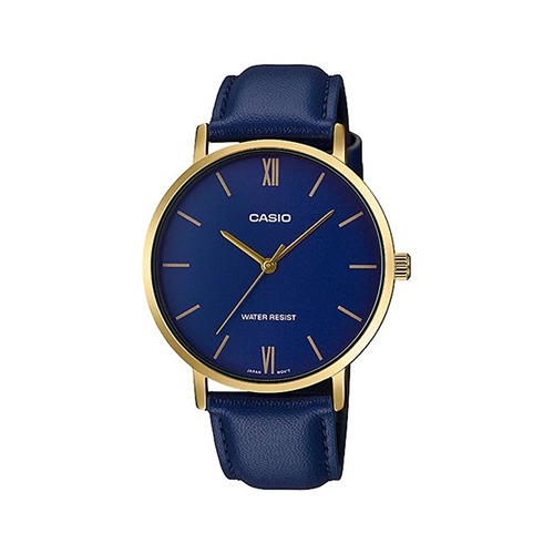 Casio MTP-VT01GL-2B Men's Minimalistic Gold Tone Blue Leather Band Blue Dial 3-Hand Analog Watch