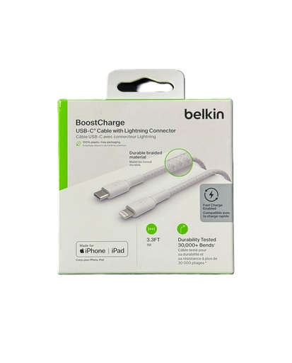 BoostCharge Braided USB-C to Lightning Cable (1m / 3.3ft, White)