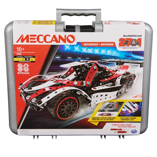 Meccano, 27-in-1 Motorized Supercar STEM Model Building Kit with 466 Parts, Real Tools and Lights (Costco Exclusive), Kids