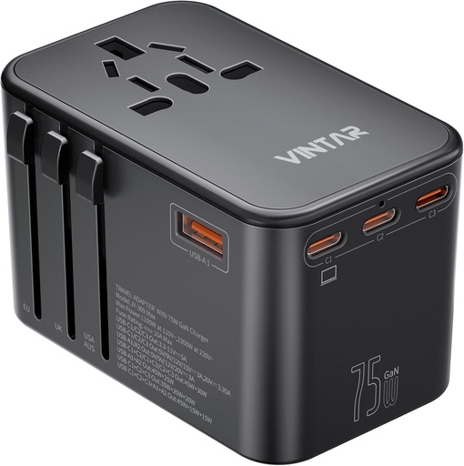 Universal Travel Adapter, VINTAR 75W International Power Adapter with 3 USB C PD and 2 USB A QC, All in One