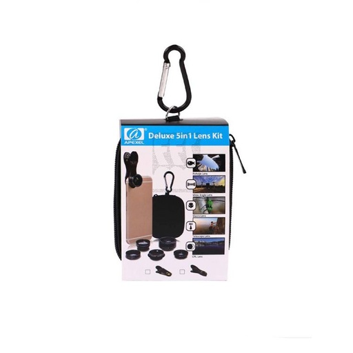 Apexel Deluxe 5 in 1 Lens Kit, Fisheye Lens, Wide Angle Lens, Macro Lens, Telescope Lens, CPL Lens