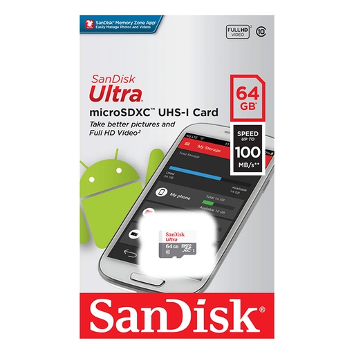 بطاقة SanDisk Ultra microSDXC uhs-i سعة 64 جيجابايت تصل سرعتها إلى 100 ميجابايت / ثانية