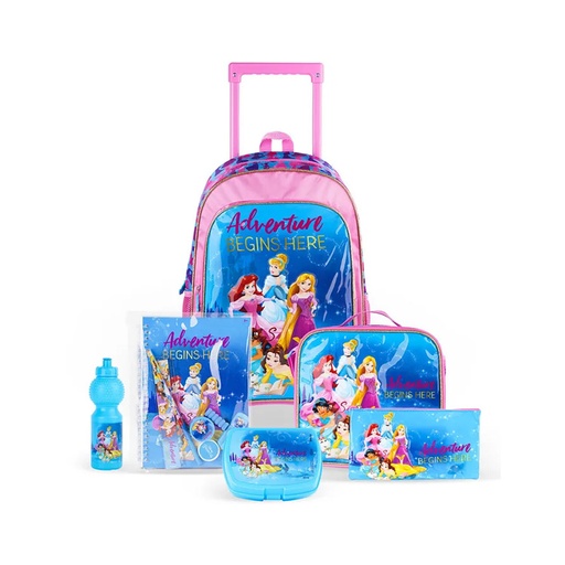 Disney Princess 6 in 1 School Set: Trolley 16 '' + Lunch Box + Pencil Case + Lunch Bag + Water Bottle + Ziplock Set
