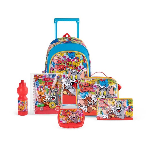 Tom And Jerry  6 in  1 School Set : Trolley 18 '' + Lunch Bag + Lunch Box + Pencil Case + Water Bottle + Ziplock Set