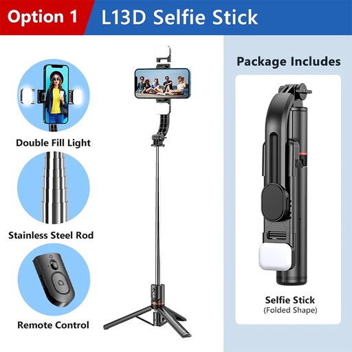 Selfie Stick L13D Stable Tripod Twins Lights Stainless Steel 1160mm