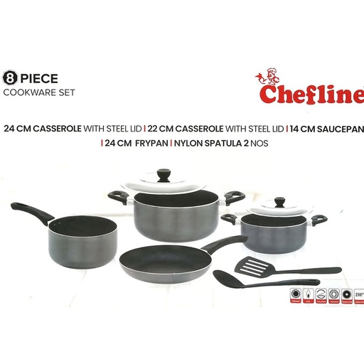 Cheflone 8 Piece Cookware Set 24 Cm Casserole With Steel Lid . 22 Cm Casserole With Steel Lid - 14 CM Saucepan - 24 CM Frypan - Nylon Spatula 2 NOS
