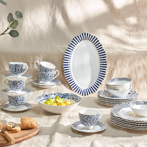 HomeCenter Zahri - 32 Piece Dinner Set, 6 Place Settings , 6 Dinner Plates 27 cm + 6 Slide Plates 19 cm + 6 Bowl 14 Cm +6 Teacups 220 ml 6 Saucers , Salad Bowl 23 Cm , Oval Platter