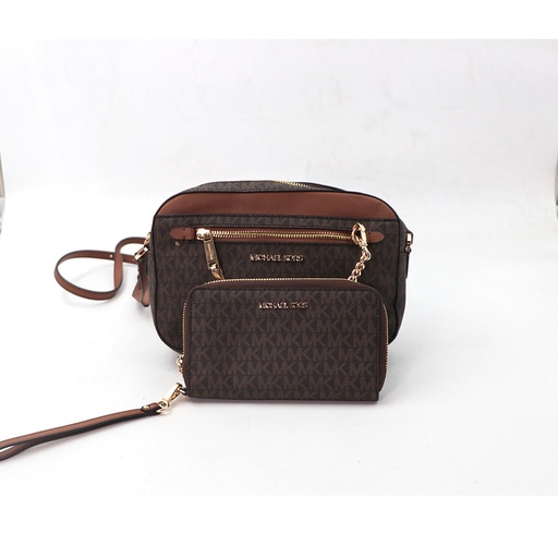 Michael Kors jet large Logo Crossbody Bag + Wallet Brown Gold Toned