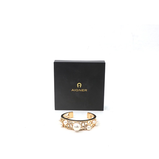 Aigner Crystal Faux Pearl Gold Tone Open Cuff  Bracelet