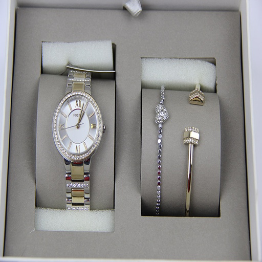 NEW FOSSIL 3 PC SET SILVER+GOLD 2 TONE WATCH+1 BANGLE BRACELET bq2179set