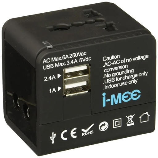 i-mee Universal All in One Power International Travel Adaptor USA/UK/EU/AUS Worldwide Wall Adapter Plug, 2 USB Charging Port for Apple